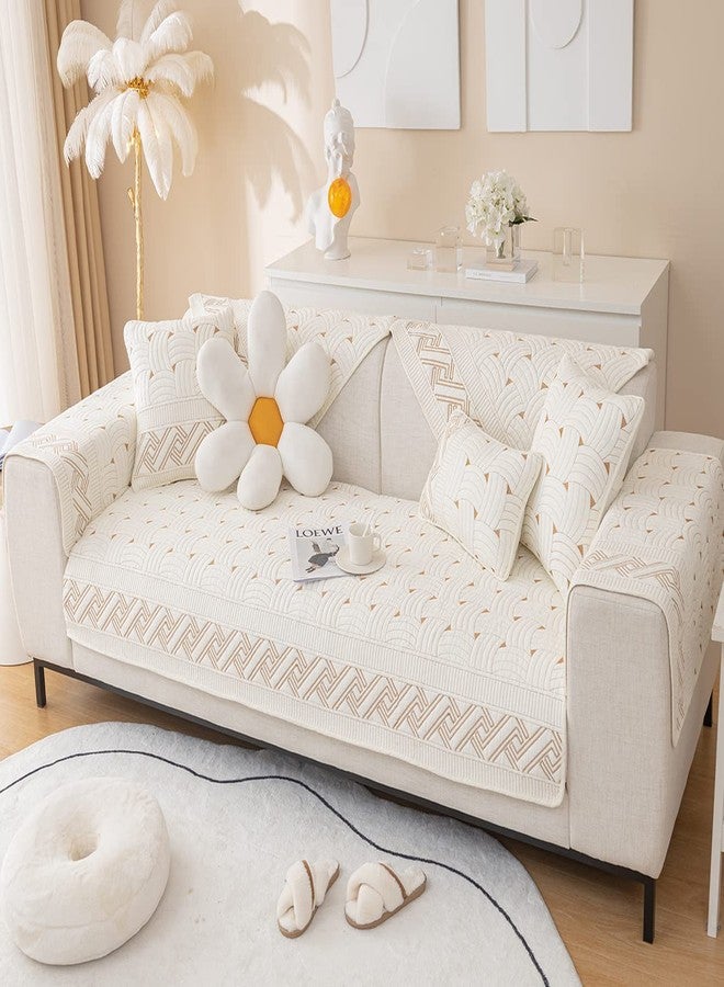 XSlive Farmhouse Cotton Quilted Sofa Cover Weave Pattern Embroidery Sectional Couch Cover Soft Nonslip Sofa Slipcover Furniture Protector Cover for Pets Kids Children Dog Cat (Ivory,28"x28") - Image 3